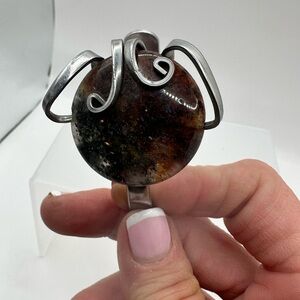 Brutalist Handcrafted Brown Agate Bracelet with Vintage Sterling Silver Fork